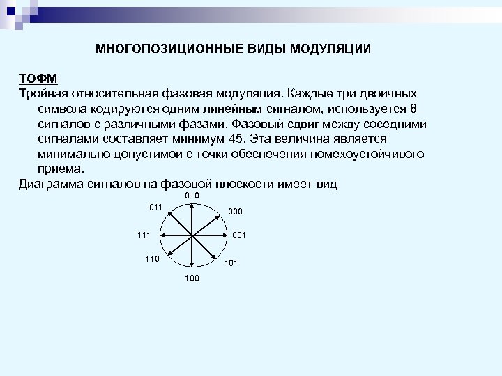 МНОГОПОЗИЦИОННЫЕ ВИДЫ МОДУЛЯЦИИ ТОФМ Тройная относительная фазовая модуляция. Каждые три двоичных символа кодируются одним