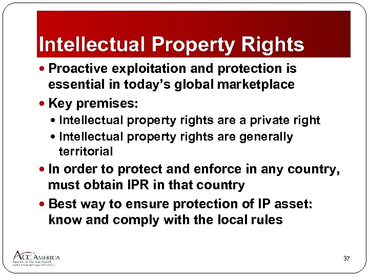 Intellectual Property Rights Proactive exploitation and protection is essential in today’s global marketplace Key