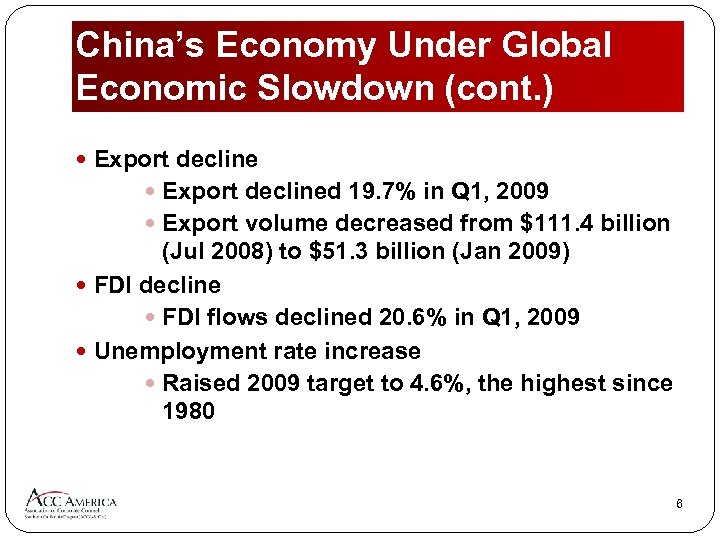 China’s Economy Under Global Economic Slowdown (cont. ) Export declined 19. 7% in Q