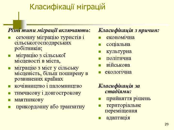 Класифікації міграцій Різні типи міграції включають: n сезонну міграцію туристів і сільськогосподарських робітників; n
