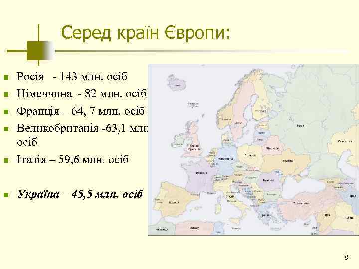 Серед країн Європи: n Росія - 143 млн. осіб Німеччина - 82 млн. осіб