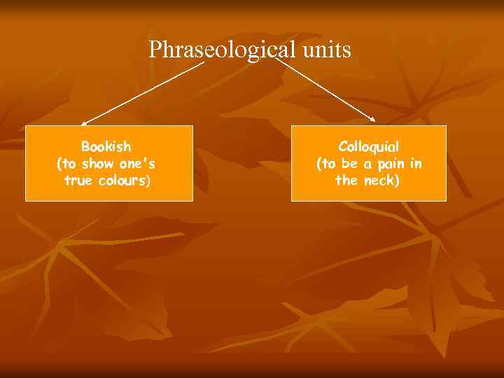 Phraseological units Bookish (to show one's true colours) Colloquial (to be a pain in