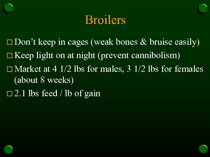 Broilers o Don’t keep in cages (weak bones & bruise easily) o Keep light
