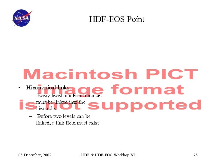 HDF-EOS Point • Hierarchical links: – Every level in a Point data set must