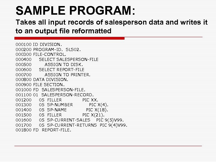 SAMPLE PROGRAM: Takes all input records of salesperson data and writes it to an