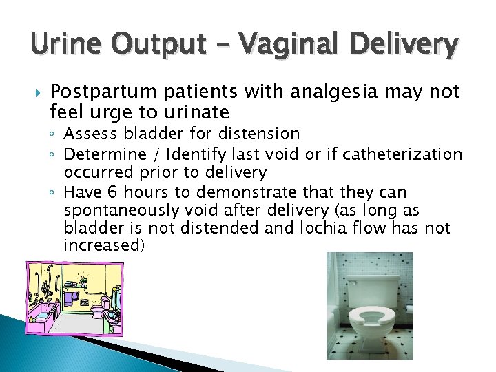 Urine Output – Vaginal Delivery Postpartum patients with analgesia may not feel urge to