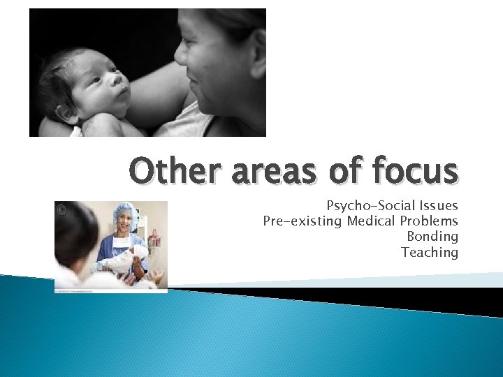 Other areas of focus Psycho-Social Issues Pre-existing Medical Problems Bonding Teaching 