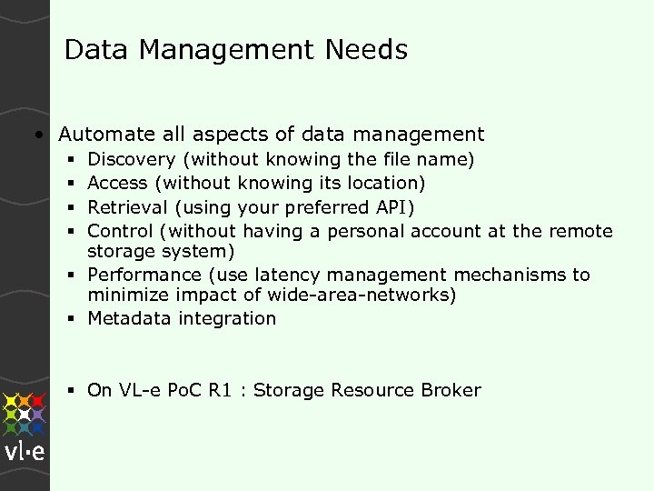 Data Management Needs • Automate all aspects of data management Discovery (without knowing the