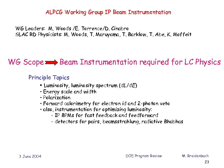 ALPCG Working Group IP Beam Instrumentation WG Leaders: M. Woods /E. Torrence/D. Cinabro SLAC