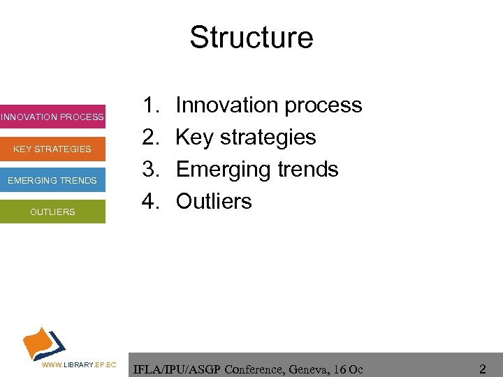 Structure INNOVATION PROCESS KEY STRATEGIES EMERGING TRENDS OUTLIERS WWW. LIBRARY. EP. EC 1. 2.