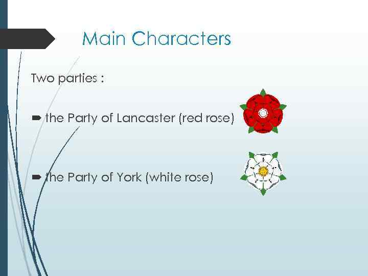 Main Characters Two parties : the Party of Lancaster (red rose) the Party of