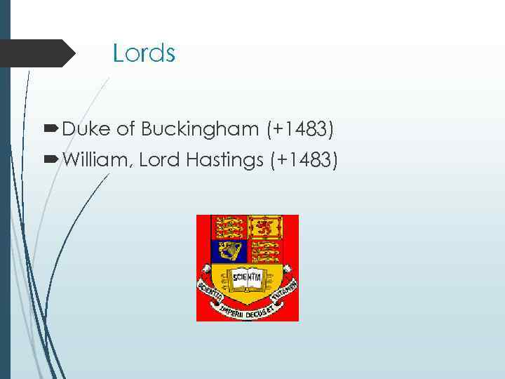 Lords Duke of Buckingham (+1483) William, Lord Hastings (+1483) 