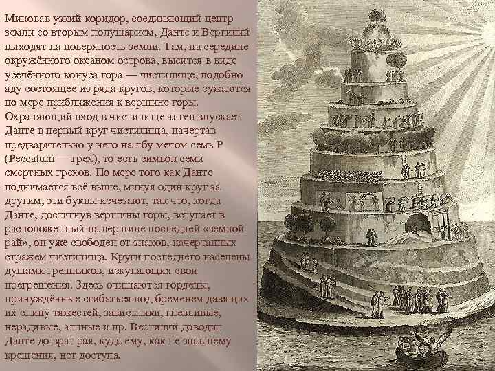 Миновав узкий коридор, соединяющий центр земли со вторым полушарием, Данте и Вергилий выходят на