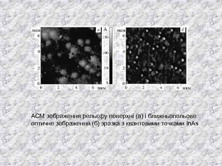 АСМ зображення рельєфу поверхні (а) і ближньопольове оптичне зображення (б) зразка з квантовими точками