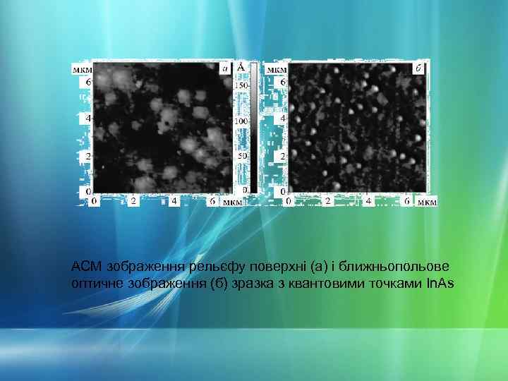 АСМ зображення рельєфу поверхні (а) і ближньопольове оптичне зображення (б) зразка з квантовими точками