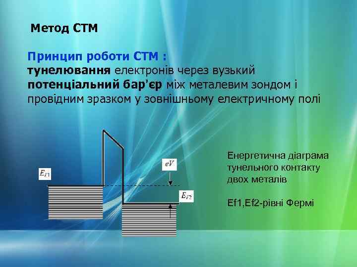 Метод СТМ Принцип роботи СТМ : тунелювання електронів через вузький потенціальний бар'єр між металевим