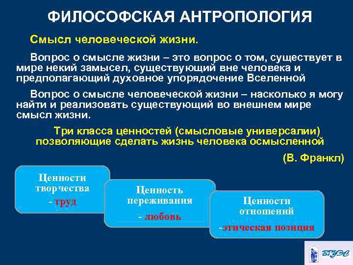 ФИЛОСОФСКАЯ АНТРОПОЛОГИЯ Смысл человеческой жизни. Вопрос о смысле жизни – это вопрос о том,
