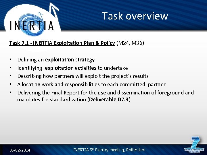 Task overview Task 7. 1 - INERTIA Exploitation Plan & Policy (M 24, M