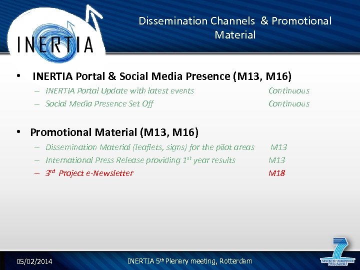 Dissemination Channels & Promotional Material • INERTIA Portal & Social Media Presence (M 13,