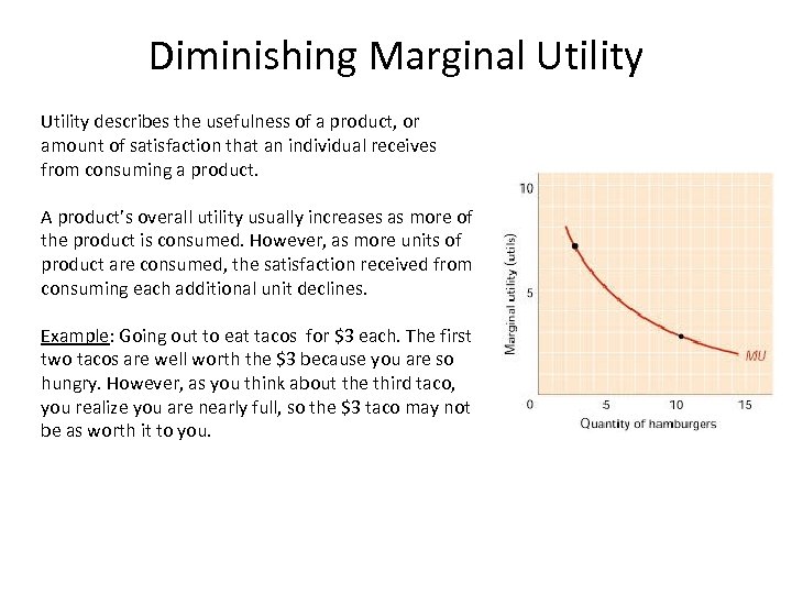 Diminishing Marginal Utility describes the usefulness of a product, or amount of satisfaction that