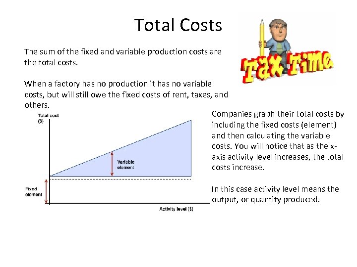 Total Costs The sum of the fixed and variable production costs are the total