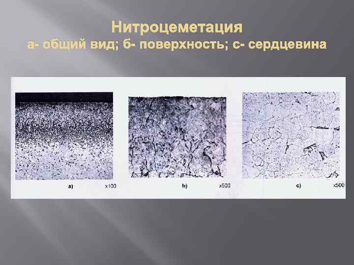 Нитроцеметация а- общий вид; б- поверхность; с- сердцевина 