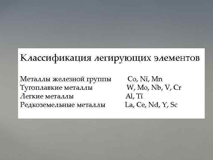 Классификация легирующих элементов Металлы железной группы Тугоплавкие металлы Легкие металлы Редкоземельные металлы Co, Ni,