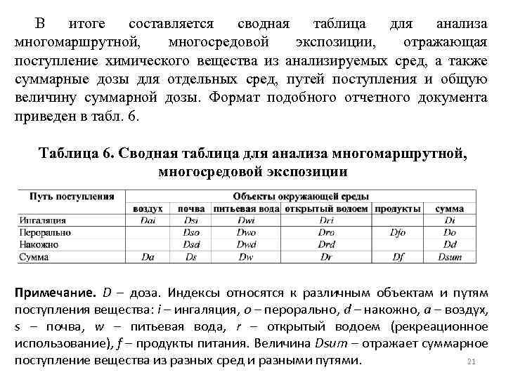 В итоге составляется сводная таблица для анализа многомаршрутной, многосредовой экспозиции, отражающая поступление химического вещества