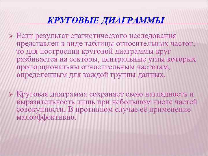 КРУГОВЫЕ ДИАГРАММЫ Ø Если результат статистического исследования представлен в виде таблицы относительных частот, то