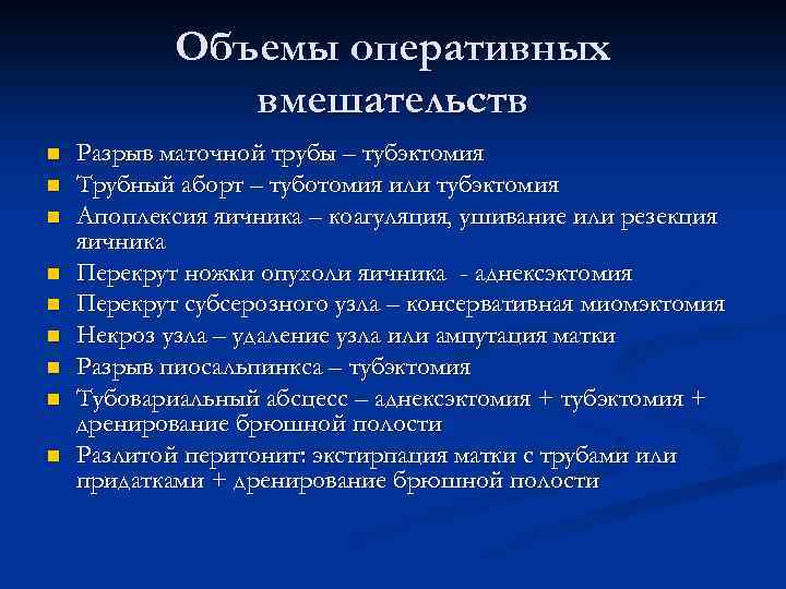 Объемы оперативных вмешательств n n n n n Разрыв маточной трубы – тубэктомия Трубный