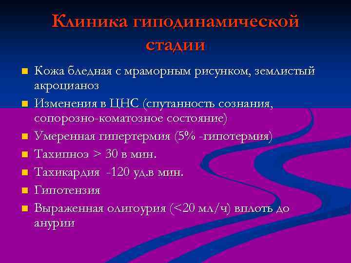 Клиника гиподинамической стадии n n n n Кожа бледная с мраморным рисунком, землистый акроцианоз