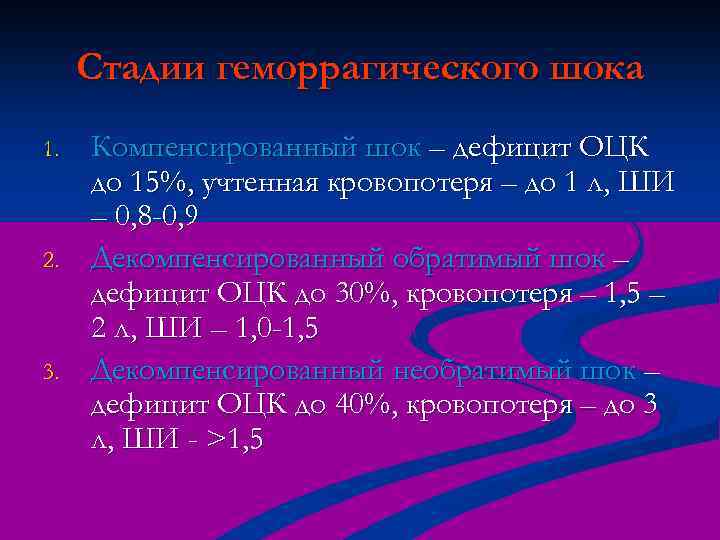 Стадии геморрагического шока 1. 2. 3. Компенсированный шок – дефицит ОЦК до 15%, учтенная