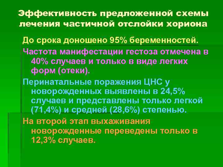 Эффективность предложенной схемы лечения частичной отслойки хориона До срока доношено 95% беременностей. Частота манифестации