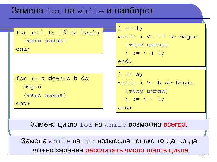 Замена for на while и наоборот for i: =1 to 10 do begin {тело