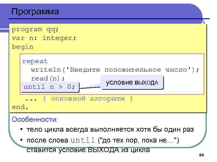 Программа program qq; var n: integer; begin repeat writeln('Введите положительное число'); read(n); условие ВЫХОДА