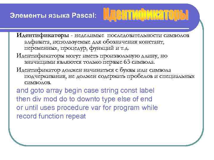 Элементы языка Pascal: Идентификаторы - неделимые последовательности символов алфавита, используемые для обозначения констант, переменных,