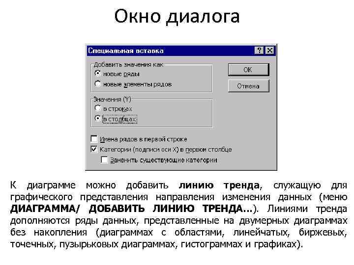 Окно диалога К диаграмме можно добавить линию тренда, служащую для графического представления направления изменения