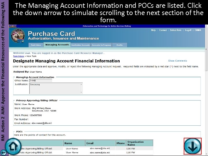 The Managing Account Information and POCs are listed. Click the down arrow to simulate