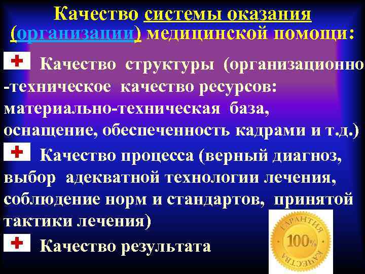 Качество системы оказания (организации) медицинской помощи: Качество структуры (организационно -техническое качество ресурсов: материально-техническая база,