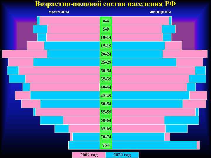 Возрастно-половой состав населения РФ мужчины женщины 0 -4 5 -9 10 -14 15 -19