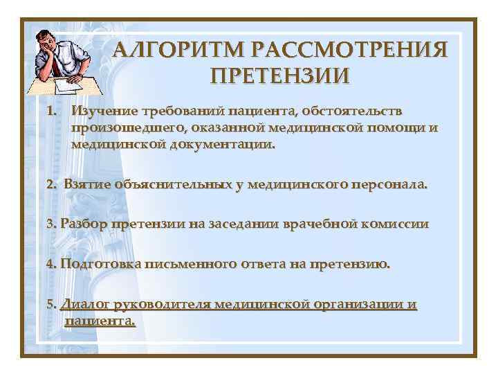 АЛГОРИТМ РАССМОТРЕНИЯ ПРЕТЕНЗИИ 1. Изучение требований пациента, обстоятельств произошедшего, оказанной медицинской помощи и медицинской
