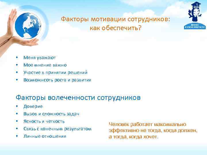 Факторы мотивации сотрудников: как обеспечить? • • Меня уважают Мое мнение важно Участие в