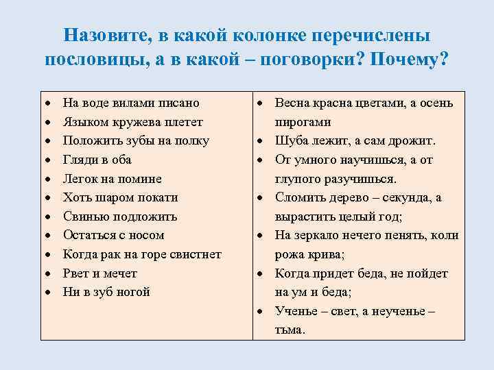 Назовите, в какой колонке перечислены пословицы, а в какой – поговорки? Почему? На воде