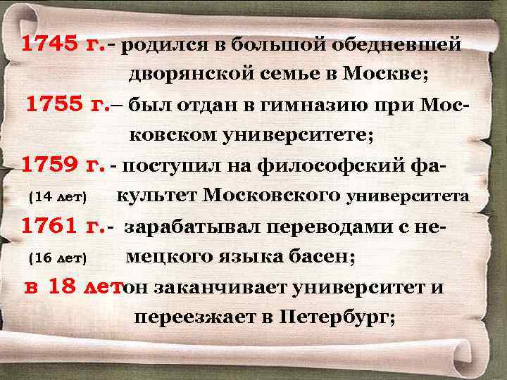 1745 г. - родился в большой обедневшей дворянской семье в Москве; 1755 г. –