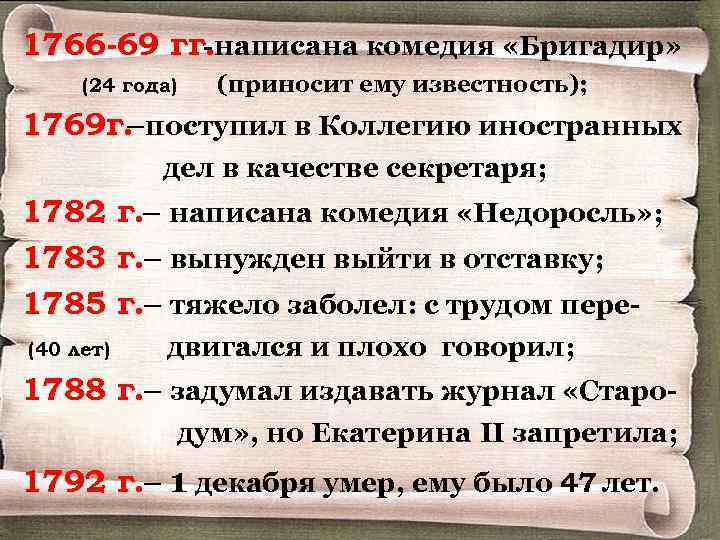 1766 -69 гг. написана комедия «Бригадир» (24 года) (приносит ему известность); 1769 г. поступил