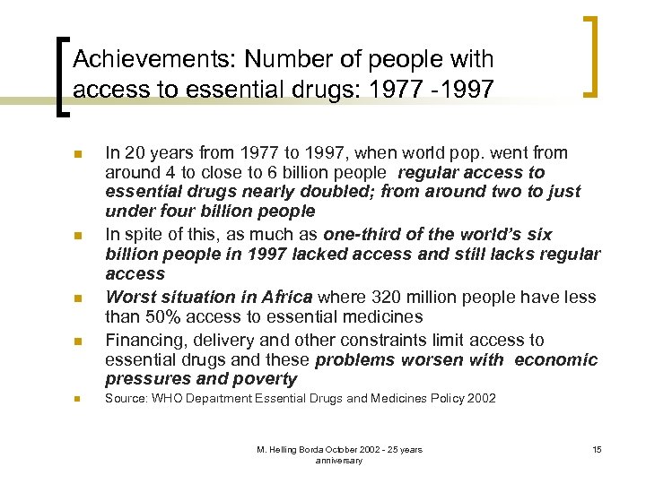 Achievements: Number of people with access to essential drugs: 1977 -1997 n n n