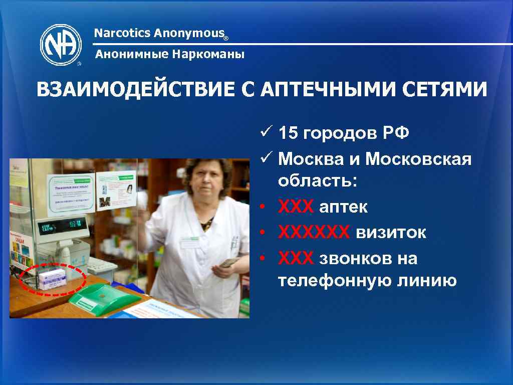 Narcotics Anonymous® Анонимные Наркоманы ВЗАИМОДЕЙСТВИЕ С АПТЕЧНЫМИ СЕТЯМИ ü 15 городов РФ ü Москва