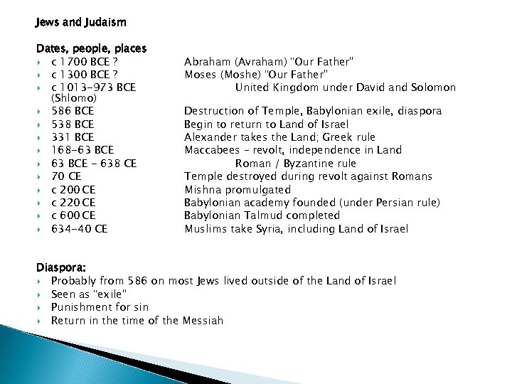 Jews and Judaism Dates, people, places c 1700 BCE ? c 1300 BCE ?