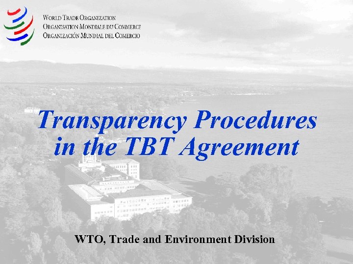 Transparency Procedures in the TBT Agreement WTO, Trade and Environment Division 