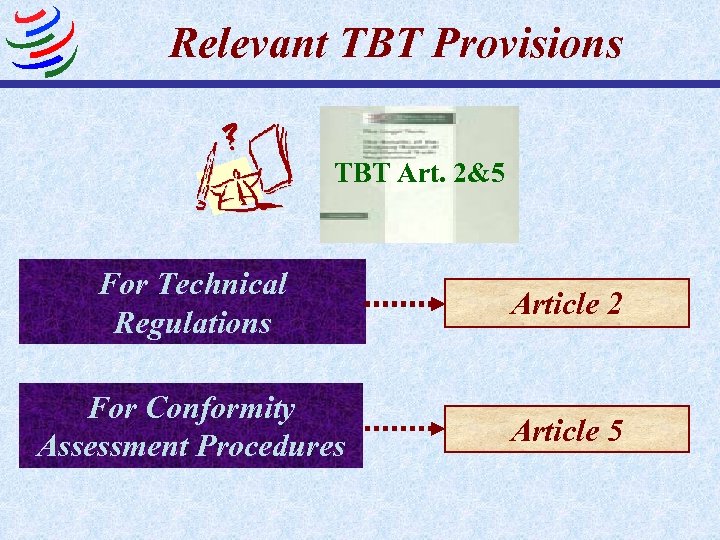 Relevant TBT Provisions TBT Art. 2&5 For Technical Regulations Article 2 For Conformity Assessment